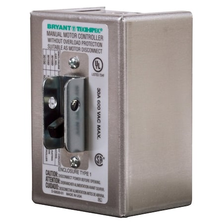Bryant Toggle Switch, Motor Disconnects, Three Pole, 30A 600V AC, Side Wired Only, Alum, w/NEMA 1 Enclosure 30103D